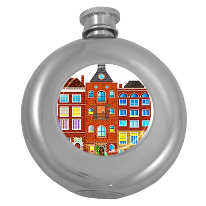 Town Buildings Old Brick Building Round Hip Flask (5 oz)