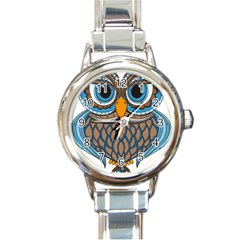 Owl Drawing Art Vintage Clothing Blue Feather Round Italian Charm Watch by Sudhe