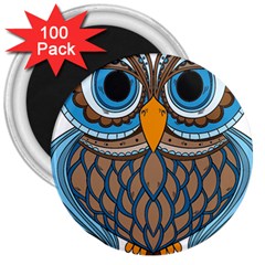 Owl Drawing Art Vintage Clothing Blue Feather 3  Magnets (100 Pack) by Sudhe