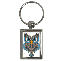 Owl Drawing Art Vintage Clothing Blue Feather Key Chain (rectangle) by Sudhe