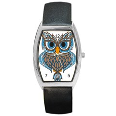 Owl Drawing Art Vintage Clothing Blue Feather Barrel Style Metal Watch by Sudhe