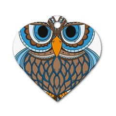 Owl Drawing Art Vintage Clothing Blue Feather Dog Tag Heart (two Sides) by Sudhe