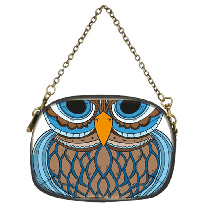 Owl Drawing Art Vintage Clothing Blue Feather Chain Purse (Two Sides)