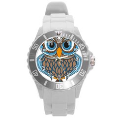 Owl Drawing Art Vintage Clothing Blue Feather Round Plastic Sport Watch (l) by Sudhe