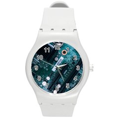 Green And Black Computer Motherboard Round Plastic Sport Watch (m) by Wegoenart