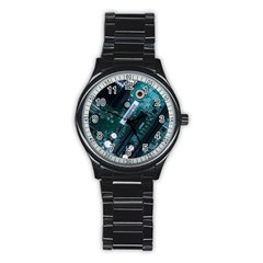 Green And Black Computer Motherboard Stainless Steel Round Watch by Wegoenart