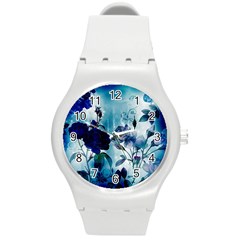 Wonderful Blue Flowers Round Plastic Sport Watch (m) by FantasyWorld7