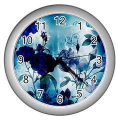 Wonderful Blue Flowers Wall Clock (silver) by FantasyWorld7