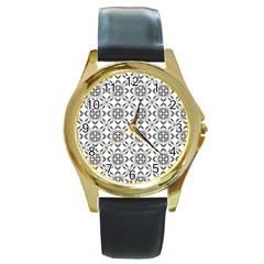 Black And White Patterned Backgroun Round Gold Metal Watch by designsbyamerianna