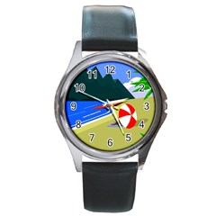 Beach Summer Sea Ocean Water Sand Round Metal Watch by Simbadda