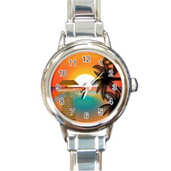 Sunset Beach Beach Palm Ocean Round Italian Charm Watch by Simbadda