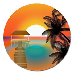 Sunset Beach Beach Palm Ocean Magnet 5  (round) by Simbadda