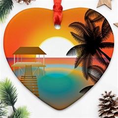 Sunset Beach Beach Palm Ocean Heart Ornament (two Sides) by Simbadda