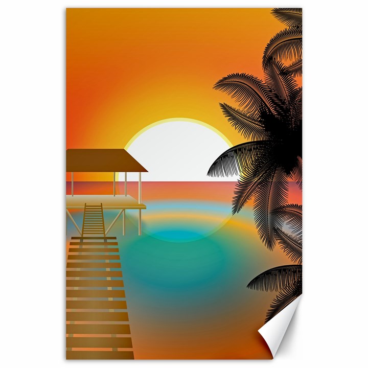 Sunset Beach Beach Palm Ocean Canvas 24  x 36 