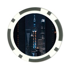 Lighted Tower Beside Building Poker Chip Card Guard