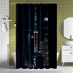 Lighted Tower Beside Building Shower Curtain 48  X 72  (small)  by Simbadda