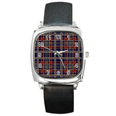 Plaid Tartan Scottish Navy Gold Square Metal Watch by Simbadda