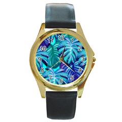 Leaves Tropical Palma Jungle Round Gold Metal Watch by Simbadda