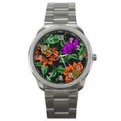 Floral Background Drawing Sport Metal Watch by Simbadda