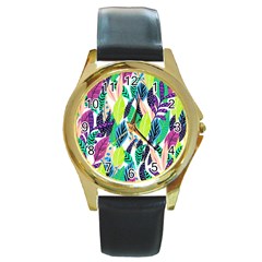 Leaves Drawing Pattern Nature Round Gold Metal Watch by Simbadda