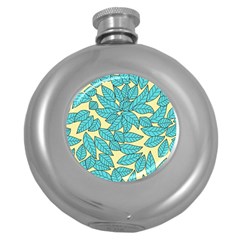 Leaves Dried Leaves Stamping Blue Yellow Round Hip Flask (5 Oz) by Simbadda