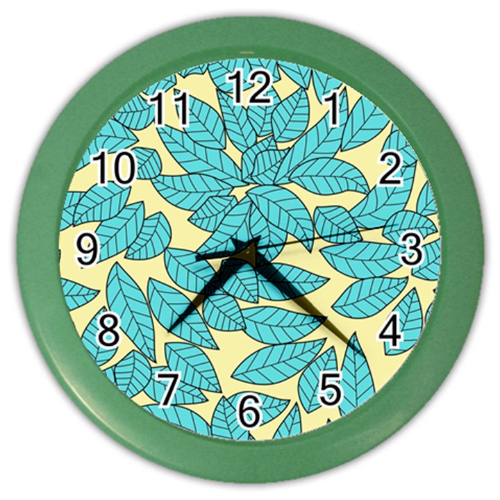 Leaves Dried Leaves Stamping Blue Yellow Color Wall Clock