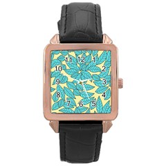 Leaves Dried Leaves Stamping Blue Yellow Rose Gold Leather Watch 