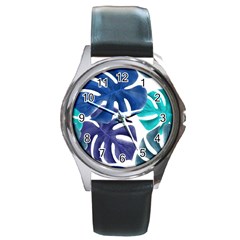 Leaves Tropical Blue Green Nature Round Metal Watch by Simbadda