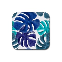 Leaves Tropical Blue Green Nature Rubber Coaster (square)  by Simbadda