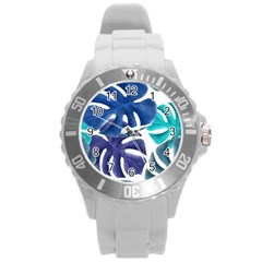 Leaves Tropical Blue Green Nature Round Plastic Sport Watch (l) by Simbadda