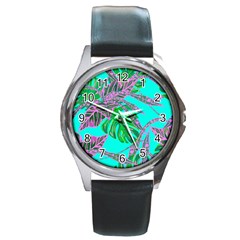 Painting Oil Leaves Reason Pattern Round Metal Watch by Simbadda