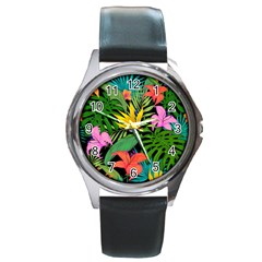 Tropical Greens Leaves Design Round Metal Watch by Simbadda