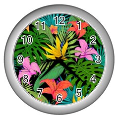 Tropical Greens Leaves Design Wall Clock (Silver)