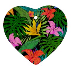 Tropical Greens Leaves Design Heart Ornament (Two Sides)