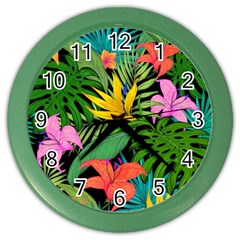 Tropical Greens Leaves Design Color Wall Clock