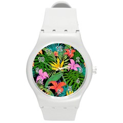 Tropical Greens Leaves Design Round Plastic Sport Watch (M)