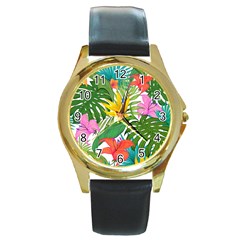 Tropical Greens Leaves Monstera Round Gold Metal Watch by Simbadda