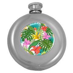 Tropical Greens Leaves Monstera Round Hip Flask (5 Oz) by Simbadda