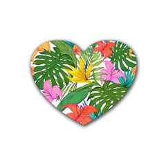 Tropical Greens Leaves Monstera Rubber Coaster (heart)  by Simbadda