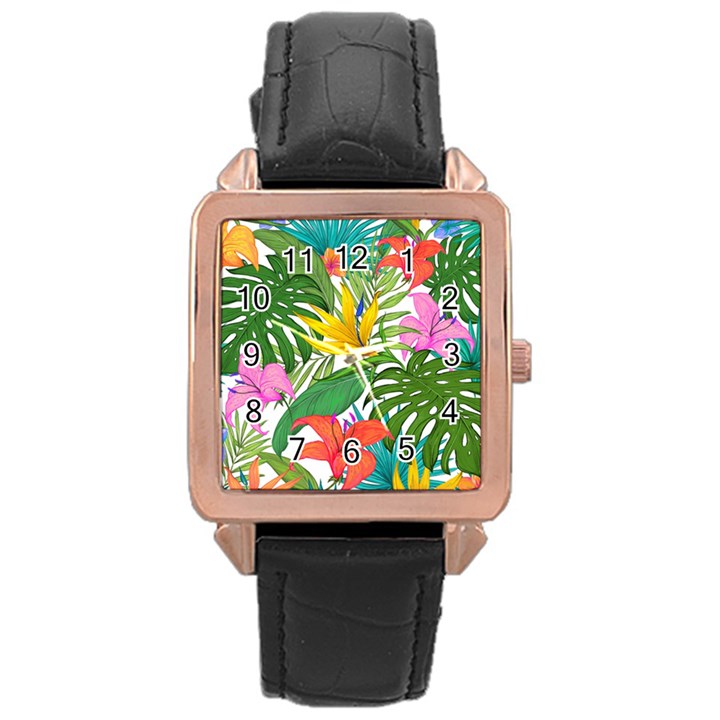 Tropical Greens Leaves Monstera Rose Gold Leather Watch 