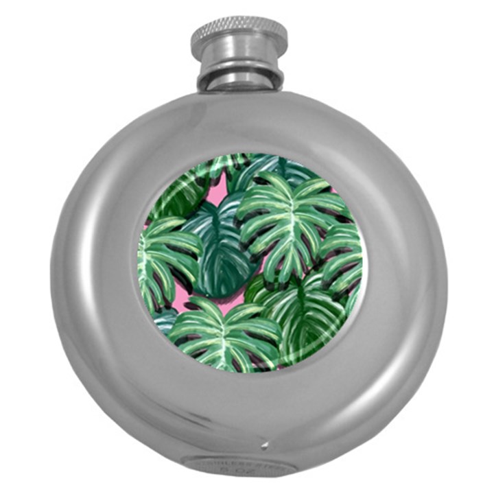 Painting Leaves Tropical Jungle Round Hip Flask (5 oz)