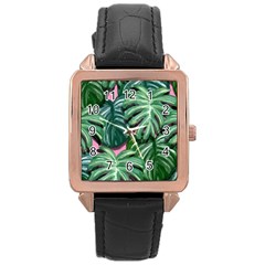 Painting Leaves Tropical Jungle Rose Gold Leather Watch  by Simbadda