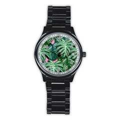 Painting Leaves Tropical Jungle Stainless Steel Round Watch by Simbadda