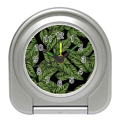 Leaves Black Background Pattern Travel Alarm Clock by Simbadda