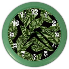 Leaves Black Background Pattern Color Wall Clock by Simbadda