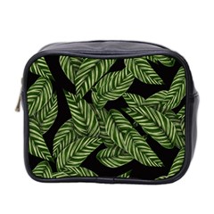 Leaves Black Background Pattern Mini Toiletries Bag (two Sides) by Simbadda