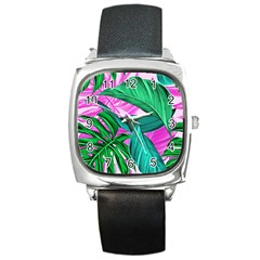 Tropical Greens Monstera Summer Square Metal Watch by Simbadda