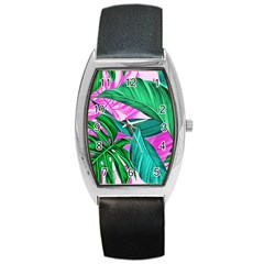 Tropical Greens Monstera Summer Barrel Style Metal Watch by Simbadda