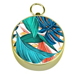 Leaves Tropical Summer Exotic Gold Compasses by Simbadda