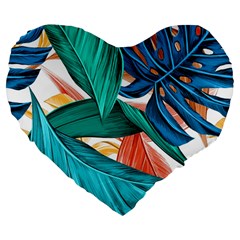 Leaves Tropical Summer Exotic Large 19  Premium Flano Heart Shape Cushions by Simbadda